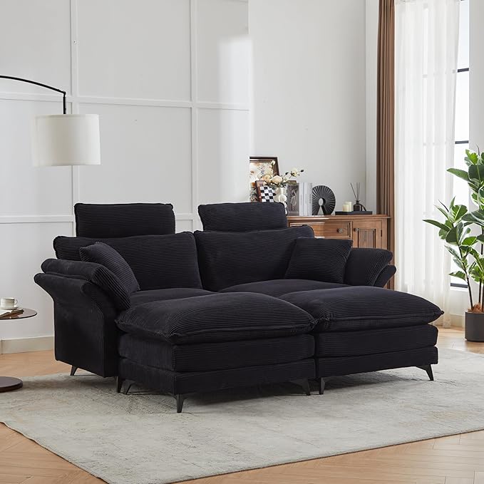 KEIKI 85.8 Oversized Corduroy Loveseat Sectional Sofa w/Movable Ottoman &amp HeadrestsModern Minimalist Deep Seat Cloud Couches with Extra-Thick Cushions for Living Room ApartmentBedroomBlack