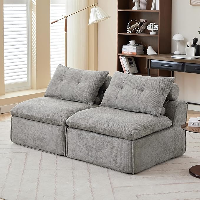 2 Seats Modular Sectional Couches with Neck Pillow &amp Backrest Chenille Armless Upholstered Loveseat Sofa Chair for Living Room Apartment At Will DIY (Light Grey)