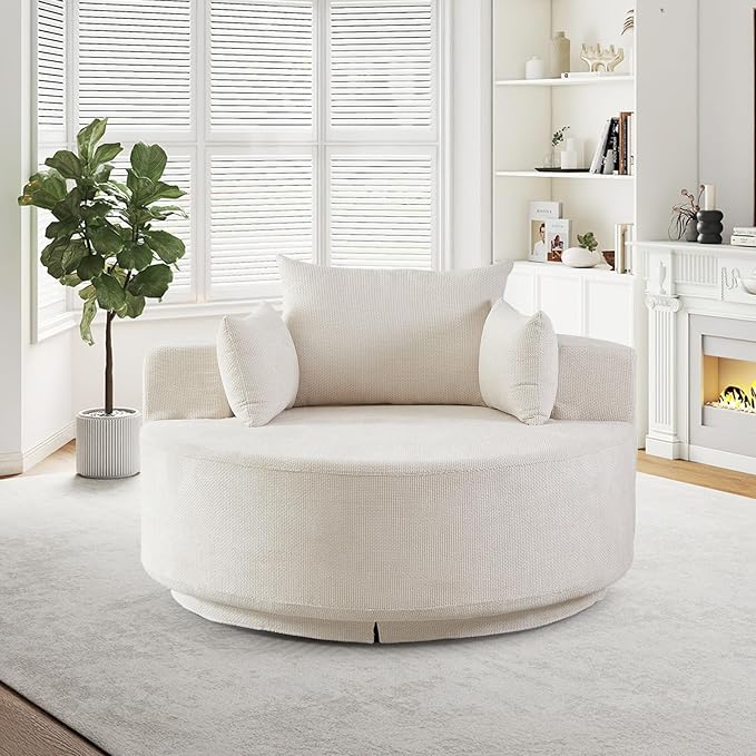 55 W Oversized Round Swivel Accent Barrel Chair360 Degree Chenille Upholstered Comfy Chaise Lounge Chair IndoorModern Deep Seat Single Sofa Armchair for Living RoomApartmentOffice(GridBeige)