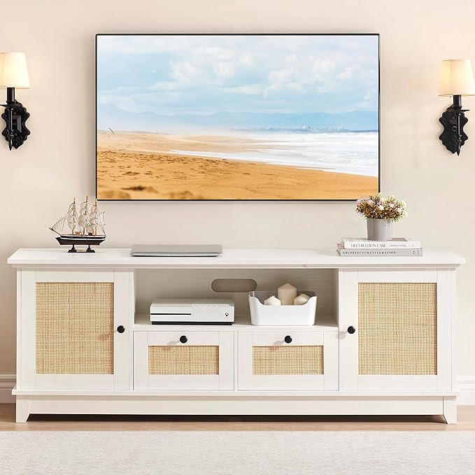 IDEALHOUSE Rattan TV Stand for 65+ Inch TV Boho Entertainment Center with Storage Drawer and Open Shelves TV Console Cabinet with Adjustable Shelf for Living Room Bedroom White