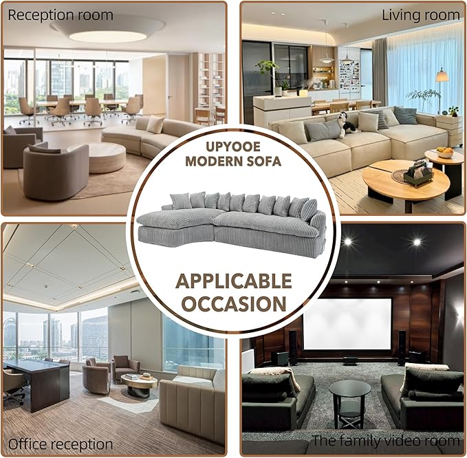 127 Modular Sectional Corduroy Sofa L Shaped Cloud Couch with 10 Pillows Comfy Curved Sofa with 7 Iron Frames Modern Left Chaise Lounge Couches for Living Room Bedroom Apatment Gray