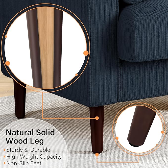 34.5 Arm Chair Set of 2 Corduroy Fabric Modern Accent Chairs Comfy Upholstered Armchair Reading Chair with Solid Wood Legs for Living Room Bedroom Office Navy Blue