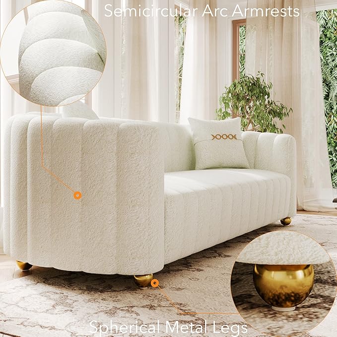 83.46 Fabric Couch for Living Room Cute Modern Sofa with Gold Metal Sphere Legs Upholstered Comfy 3 Seater Couch (Teddy Cream White)