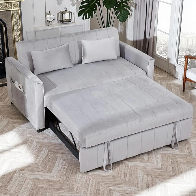 3 in 1 Convertible Sleeper Sofa Bed55.51 Velvet Futon Sofa Bed Pull Out Couch for Bedroom&ampLiving Room Loveseat Sofa Bed with Storage Pockets &amp 2 Toss PillowsAdjustable Backrest(Grey)