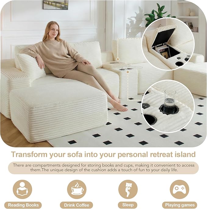 150 Oversized Modular Sectional SofaU-Shape Corduroy Couch with USB Ports and Cup HoldersWireless Charging &amp Storage BoxModular Sleeper Sofa for Living Room (Beige 150 Inch)