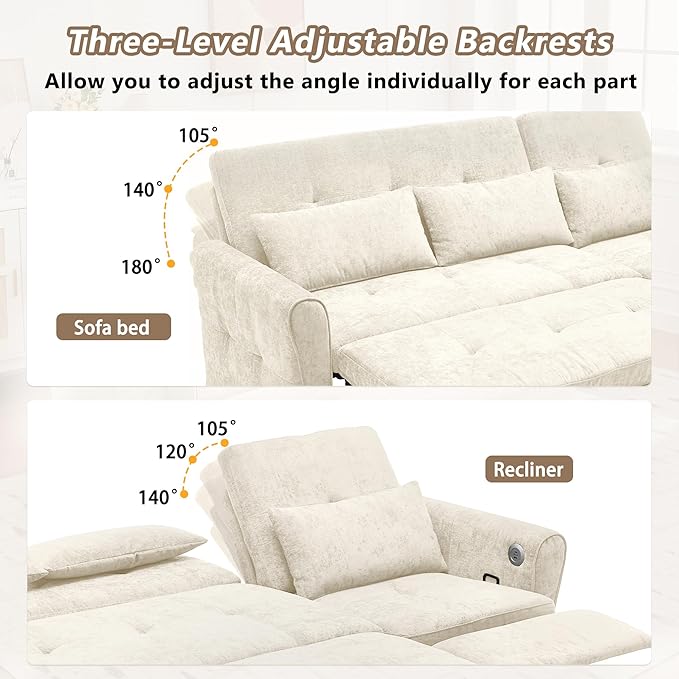 ERYE L-Shaped Reversible Recliner Sectional Sofa Chenille Upholstered Pull Out Convertible Sofabed with Pull Out Sleeper Couch Bed and Recliner Chaise Lounge and USB-C Ports