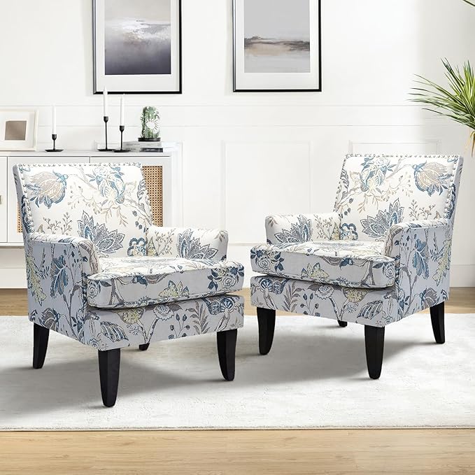 HULALA HOME Modern Accent Chair for Living Room Upholstered Fabric Single Sofa Chair Wingback Armchair with Wooden Legs for Bedroom Office Reading or Waiting Room Blue Yellow Floral