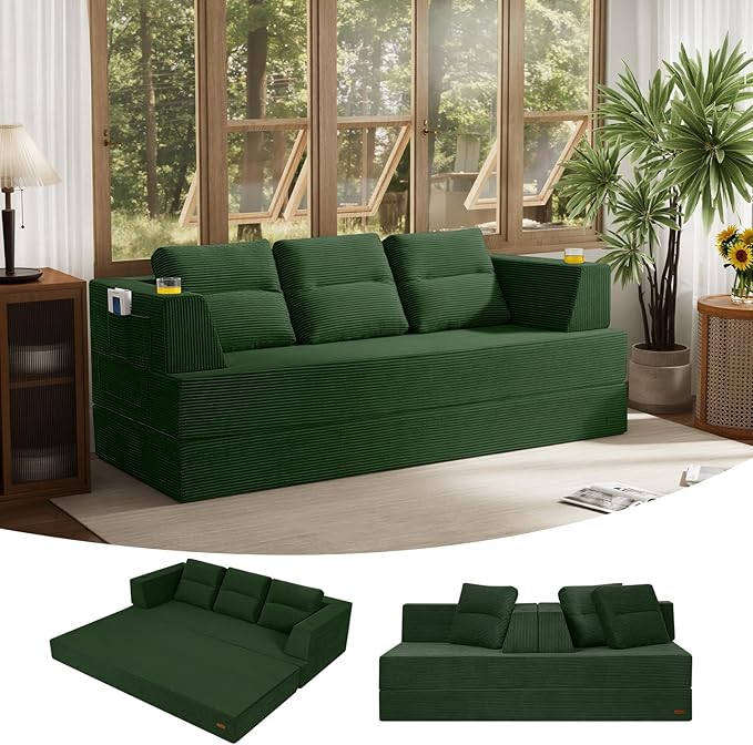 COMAX Futon Sofa Bed Queen 79 Convertible Sofa Bed Couches for Living Room 4 in 1 Folding Boneless Sleeper Corduroy Couch Loveseat Foam In a Box Comfy Foldable Lounge Fold Out Floor Mattress Green