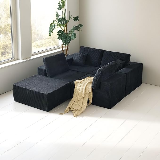 140 L Shaped Modular sectional couches SofaCorduroy Boneless Couches with Deep Seat and Movable OttomanComfy Cloud Sofa for Living Room BedroomNo Assembly (5 Seater Left Black)