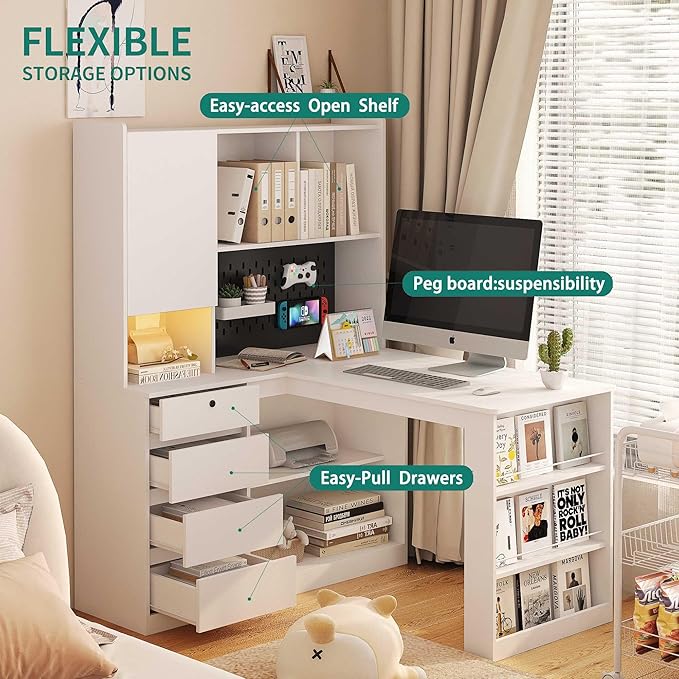 L Shaped Desk with Power Outlets &amp LED Lights Computer Desk with Drawers &amp Bookshelf Modern Corner Desk for Home Office Study Gaming Table Writing Workstation (White)