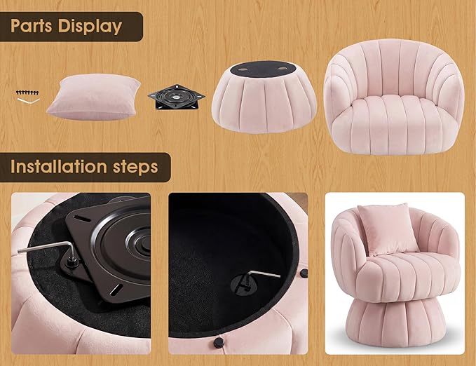 Mid Century Modern 360 Degree Barrel Swivel Accent Sofa ChairFluffy Velvet Fabric Lounge Wide Upholstered Pumpkin Reading Chair Round Cloud Armchair for Living RoomBedroomVanity(Pink)