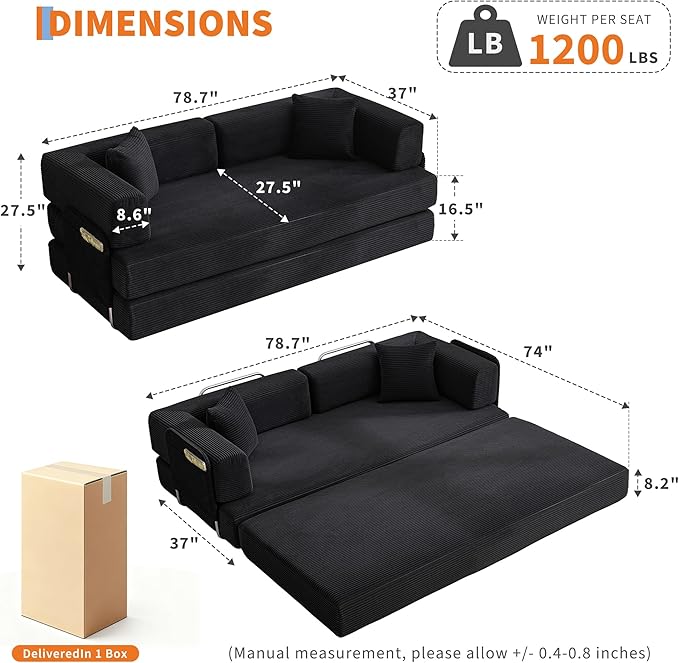 Convertible Sleeper Sofa Bed 78.8 Floor Sofa Bed 5-in-1 Folding Mattress Couch Loveseat with Fixed-Shape Frame Pillow Corduroy Fabric for Living Room Bedroom Lounge Black