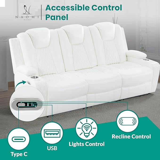 Chicago Home Theater Recliner Chair – Bluetooth Speakers Wireless Charging Power Recline Adjustable Headrest LED Lighting Cup Holders &amp Premium Faux Leather for Ultimate Comfort