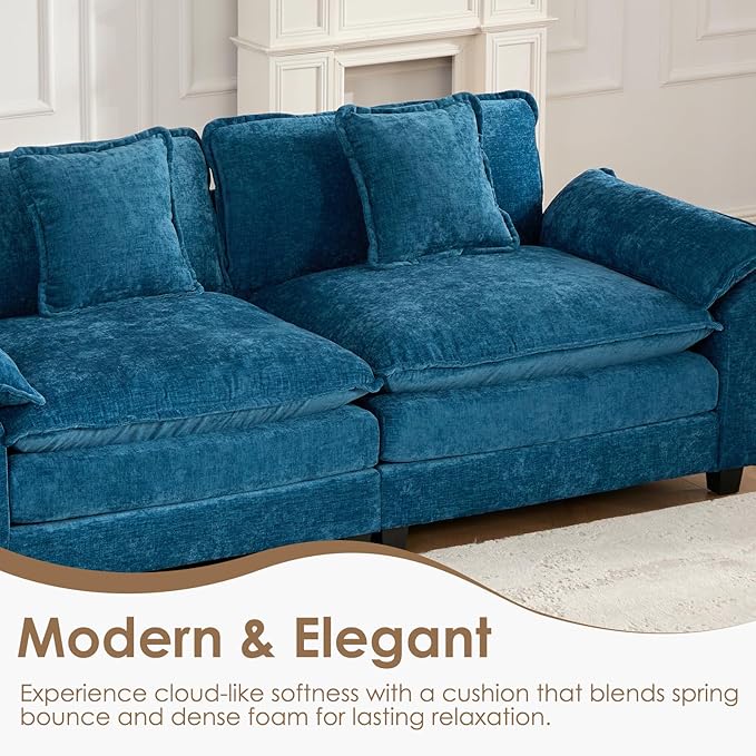 152.8 Modern Chenille Modular Cloud Sofa 4 Seater L Shaped Couch with Spring Cushions Featuring Deep Seats and Pillows Easy Assembly Comfy Large Sectional Couches for Living Room Blue