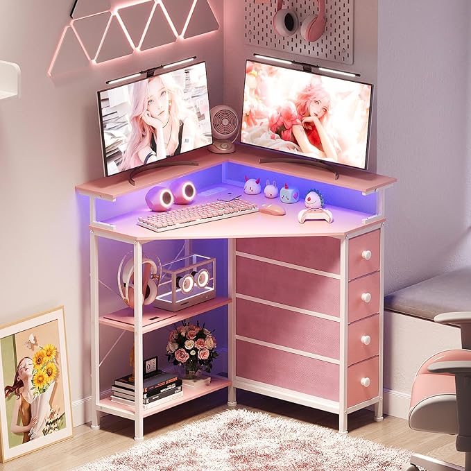 Corner Desk with Drawers Shelves for Small Space 90 Degrees Triangle Computer Desk with Power OutletsGaming Desk with LED Lights Monitor Stand for Home Office Workstation Writing Table (Pink)