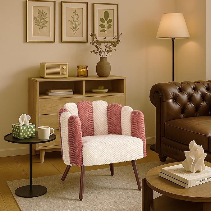 Modern Velvet Petal Accent ChairCute Vanity Chair with Back and Wood LegsHome Reading Chair Armchair for Living RoomMakeup RoomBedroom (Beige+Pink)