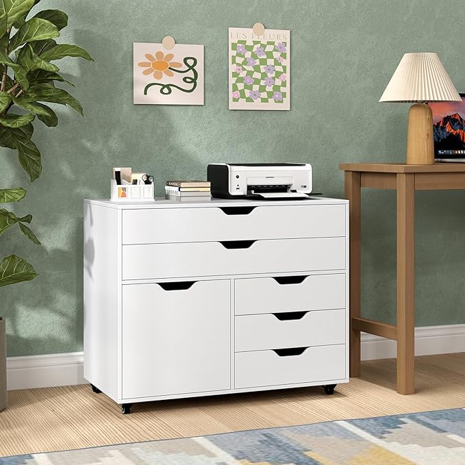 File Cabinet 5 Drawer Filing Cabinet with Door Mobile Storage Organizer Wooden Printer Stand on Wheels for Study Home Office Living Room White