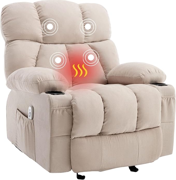 Massage Rocker Recliner Chair with Heat and Vibration Ergonomic Rocking Lounge Chair for Living Room Comfy Overstuffed Recliner with 4 Side Pockets2 Cup Holders USB Charge PortBeige