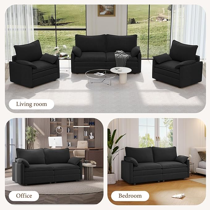 Vesgantti 74 Loveseat Sofa for Living Room Comfy Cloud Couch Deep Seat Chenille Modern 2 Seater Small Sofa with Armrest Pillow Easy Assembly for Small Spaces Black