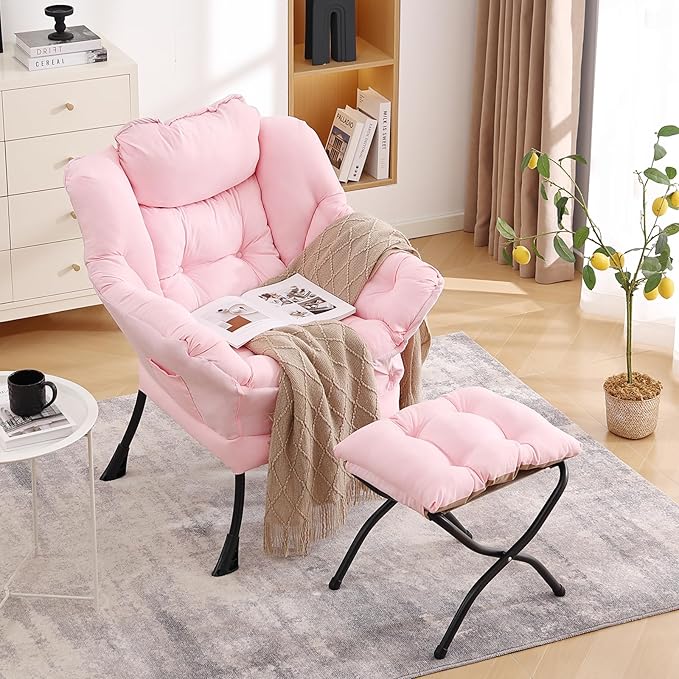 LITA Lazy Chair with Ottoman Modern Accent Leisure Upholstered Sofa Contemporary Lounge Reading Chair with Armrests and a Side Pocket for Living Room Bedroom &amp Small Space Pink