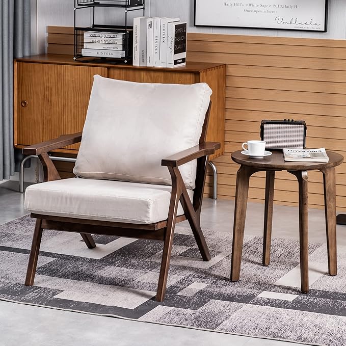 UNICOO - Mid Century Chair Retro Upholstered Accent Armchair with Wood Frame and Removable Cushions Large Leisure Slipper Chair for Living Room/Bedroom (U2279-Beige)
