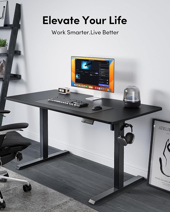 FEZIBO Standing Desk 63×28 Inches Electric Height Adjustable Sit Stand Up Computer Office Desk with Splice Board Black Frame/Black TOP
