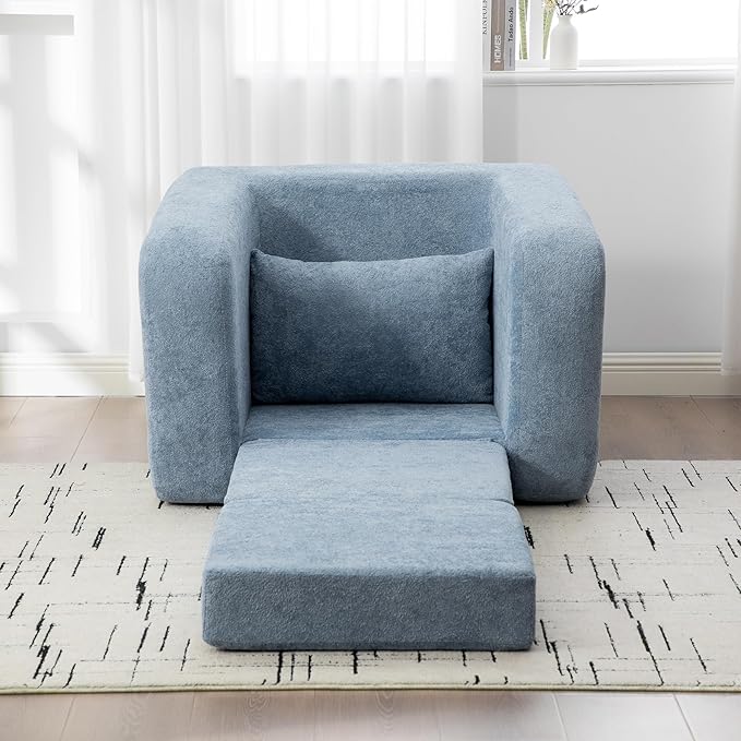 40 Folding Sofa Bed 2 in 1 Convertible Futon Sleeper Chair with Armrest &amp Backrest Comfy Chenille Cloud Floor Couch Single Sofa Chair Lounge for Living Room Bedroom (Light Blue)