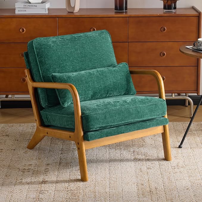 Karl home Mid Century Modern Accent Chair with Lumbar Pillow &amp Oak Arms – Plush Chenille Living Room Chair for Bedroom Lounge (Dark Green)