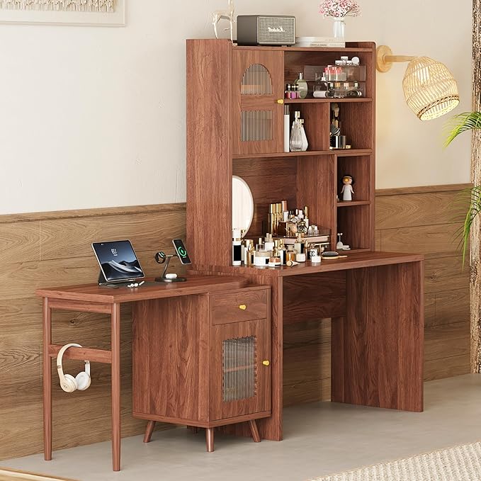 Computer Desk with 90 Degree Rotating Desktop and Bookshelf Office Desk with Drawer and Cabinets Gaming Desk with Shelves Writing Desk for Home Office Bedroom Living Room (Walnut-5.9)