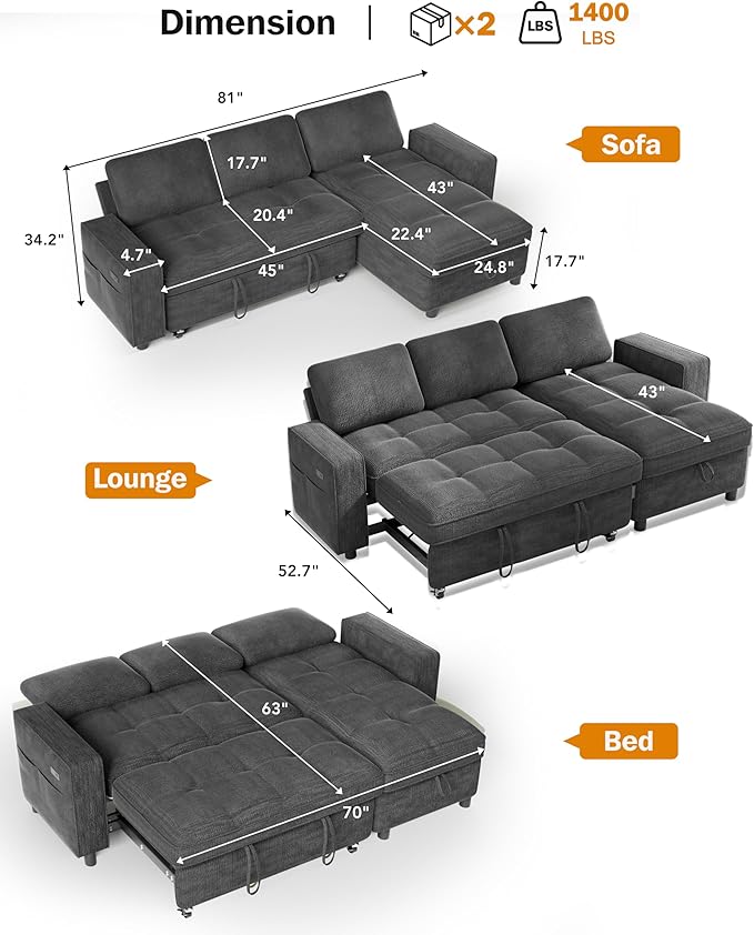 Vipbear 81 Sectional Sleeper Sofa with Pull Out Bed L Shaped Sleeper Sofa Pull Out Couch with Reclining Backrest Reversible Storage Chaise USB Ports Tool-Free Assembly Chenille Dark Grey