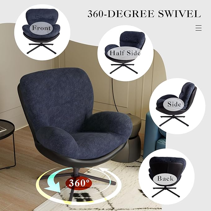 360° Swivel Accent Chair Modern Chenille Lounge Chair with Faux Leather and Black Metal Base Frame Comfortable Reading Chair for Small Spaces Living Room Bedroom Reading Corner Office Navy Blue