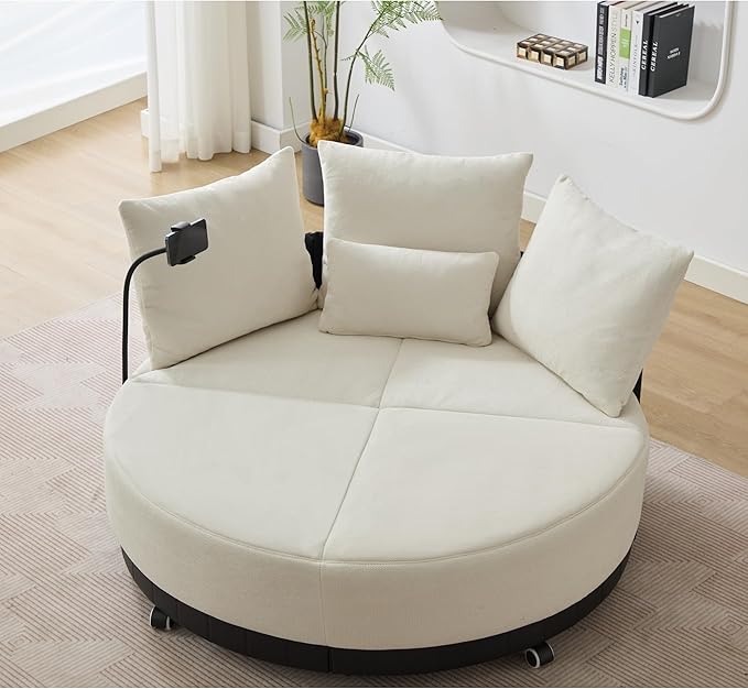 52.75'' Oversized Swivel Cuddle Chair 360° Swivel Round Sofa with Adjustable Phone Holder and 4 Pillows Beige Upholstered Round Loveseat with Rotating Pulley for Living Room Bedroom (Beige)