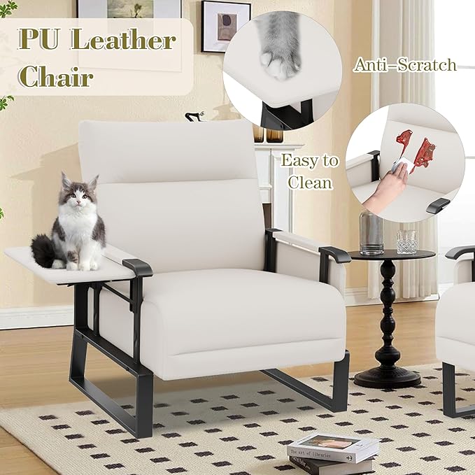 PU Leather Accent Chair Upholstered Armchair with Side Table for Bedroom Living Room Chairs Office Club Chair Beige