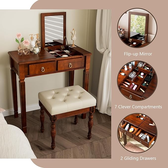 Makeup Vanity Desk Set with Flip Top Mirror 31.5 Wooden Vanity Table with Mirror Compact Dressing Table with 2 Drawers &amp 7 Compartments Writing Desk with Padded Stool for Bedroom Cherry+Beige