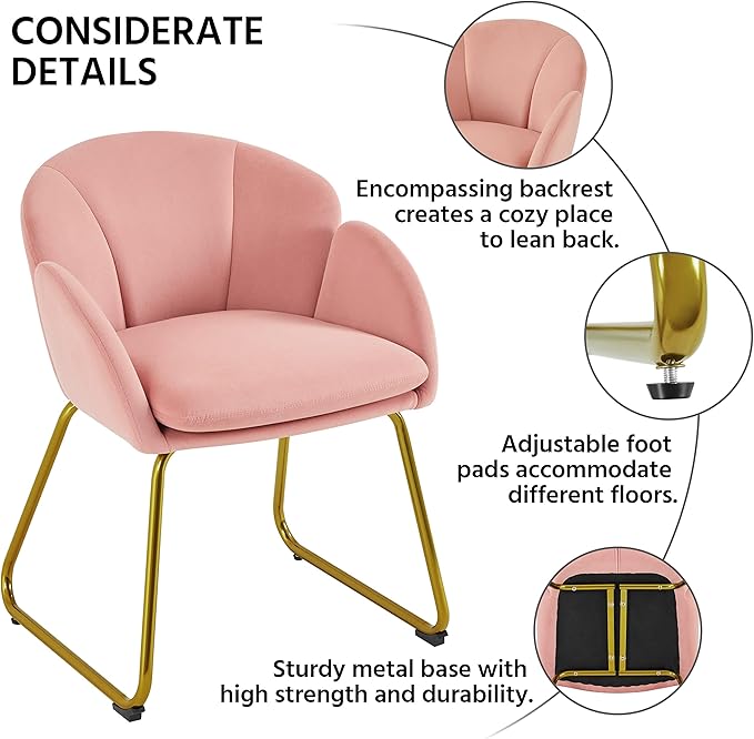 Yaheetech Flower Shape Velvet Vanity Chair Modern Side Armchair Makeup Chair no Wheels with Golden Metal Legs for Living Room/Dressing Room/Bedroom/Home Office/Kitchen Pink