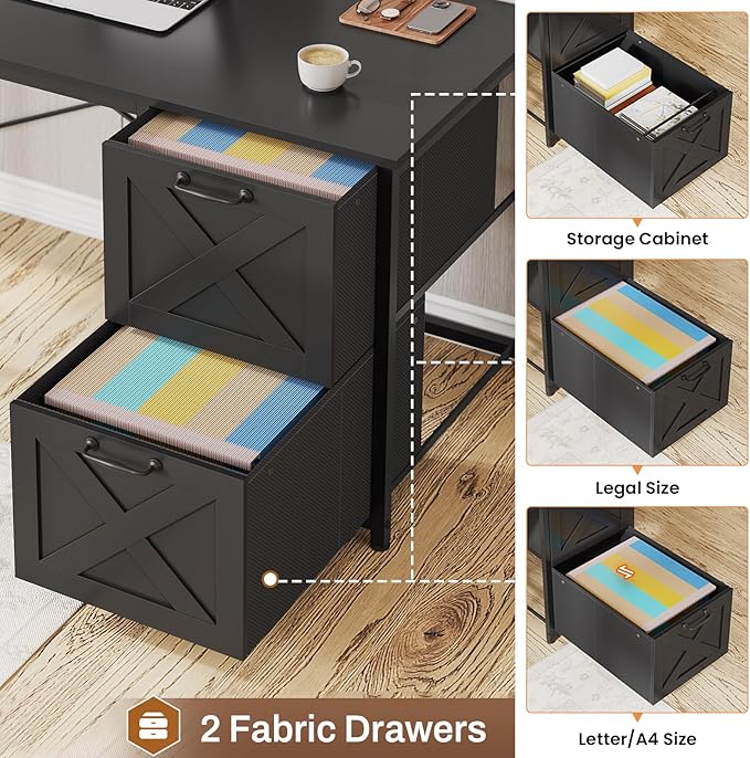 SEDETA Corner Computer Desk Reversible L Shaped Computer Desk with Fabric Drawers and Power Outlet Gaming Desk with Led Lights Hutch and Storage Shelf for Home Office Black