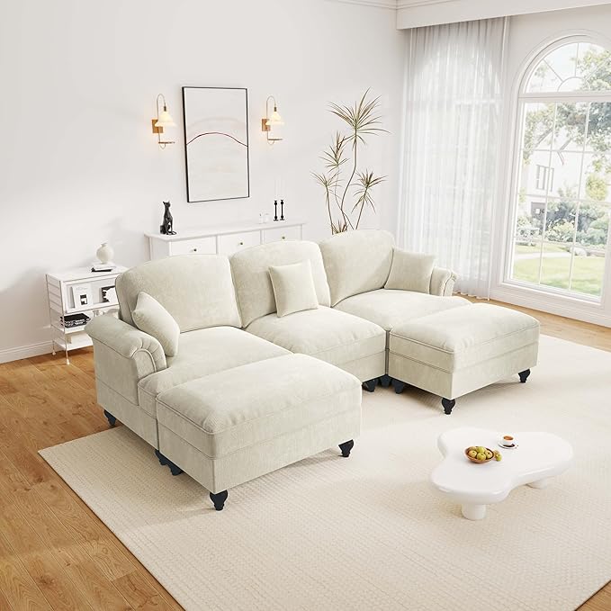 Rovibek 107” U Shaped Couch Chenille Midcentury Modern Sofa with Detachable Ruffle Hem Sectional Couches for Living Room with Throw Pillows &amp 2 Ottoman White