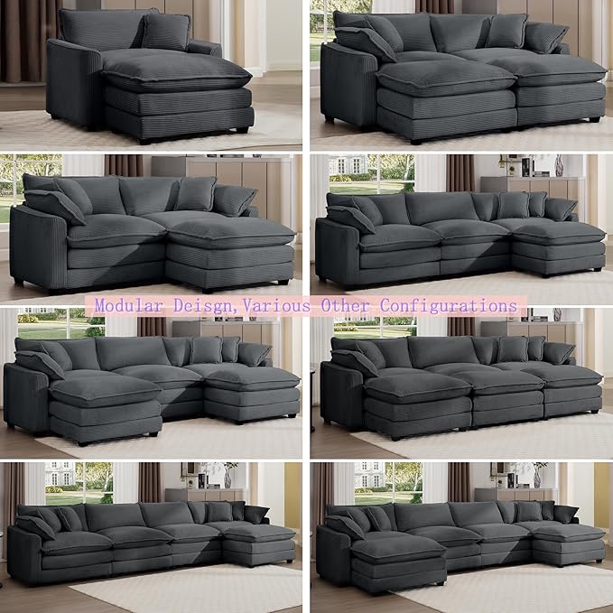 Aoowow Corduroy 3 Seater Sleeper Couch with OttomansLarge Cloud Couches for Living RoomTufted Modular Sectional Cloud Sofas Deep SeatOversized Chaise Lounge Sofa (Grey 3 Seater + 3 Ottoman)