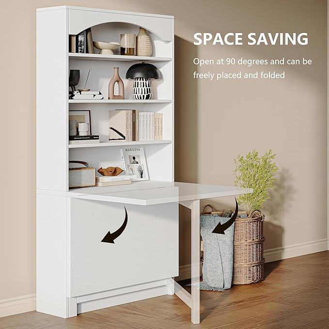 Folding Desk with Storage Space-Saving Foldable Convertible Writing Table Wall Mount Fold Out Computer Desk for Home Office Craft Room Living Room Bedroom White