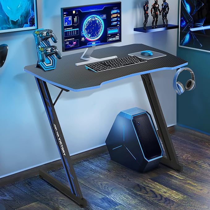 HKLGorg Gaming Desk Computer Desk Z Shaped Gaming Table Writing Modern Ergonomic Racing Style Home Office Table Workstation Carbon Fiber Headphone Hook for Men Boyfriend Female Gift (Blue 39)