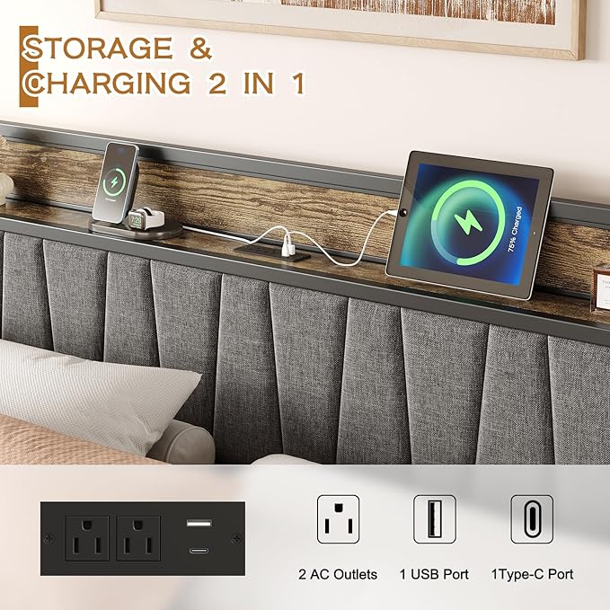 Queen Bed Frame with Storage Drawers and Charging Station Upholstered Headboard Metal Platform Bed with USB Ports No Box Spring Needed Easy Assembly Dark Brown