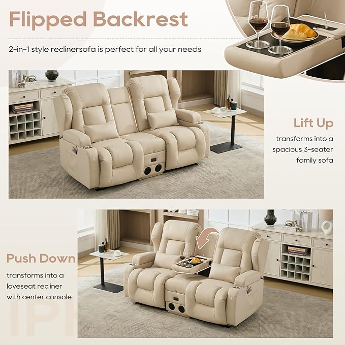 IPKIG 68 Loveseat Recliner Sofa Manual Rocker Reclining Couch with Fold Down Console Side Pocket Bluetooth Speaker Built-in Outlets Rocker Chair for Nursery Living Room Home Office (Beige)