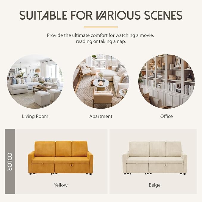 Convertible Sectional Sofa Couch 71 Corduroy Fabric Modern 3 Seater L-Shaped Sofa with Reversible Chaise &amp Seats Storage Deep Seat Sleeper Couch for Living Room Small Spaces Yellow