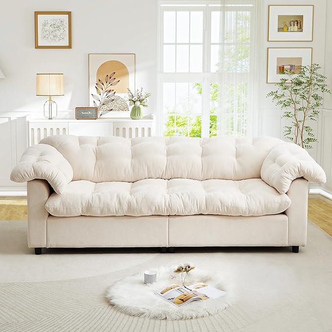 Modern Sofa Couch 94.8W Chenille Tufted Fluffy Comfy Cloud Couch with Tutfted Design &amp Armrest Pillows Upholstered Oversized Loveseat Sofa for Living Room Bedroom Office Apartment Beige