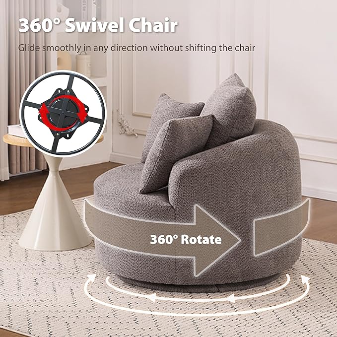 Modern 39 Swivel Barrel Chair Comfy Boucle Upholstered Accent Chair with 360° Rotation Single Sofa with 3 Pillows Ergonomic Design for Living Room Bedroom Office Gray