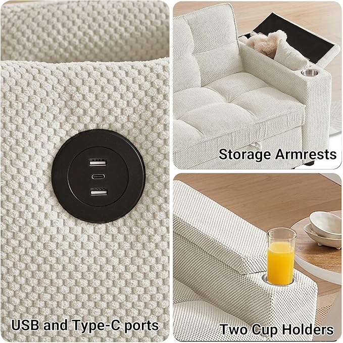 Rovibek 65'' Convertible Sleeper Sofa Bed 3-in-1 Pull Out Couch with 360° Swivel Side Table Adjustable Backrest Loveseat Sleeper with Charging Port | Side Pocket | Cup Holders White