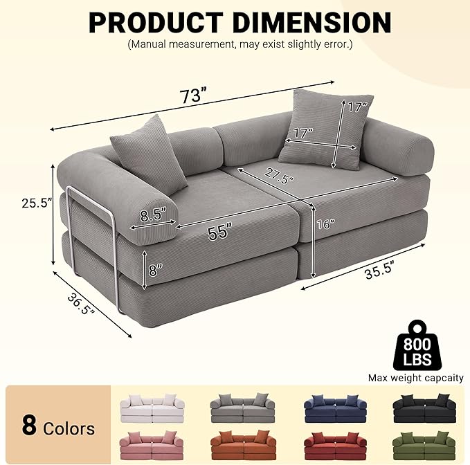 73 Convertible Sleeper Sofa Bed Corduroy Boneless Couch in a Box 4-in-1 Folding Mattress Loveseat Couch Comfy Modular Foldable Floor Sleeper Sofa with 2 Pillows and Fixed-Shape Frame (Gray 73)