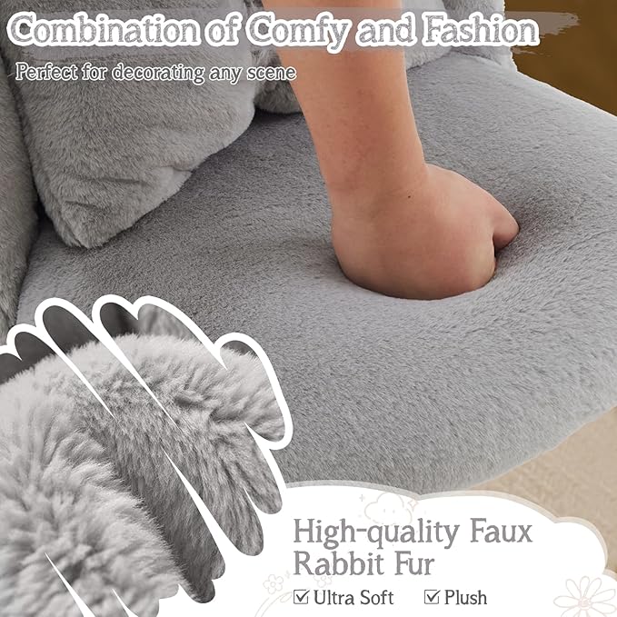 VINGLI Fluffy Girls Vanity Chair with Back &amp PillowCute Small Cozy Desk Chair No WheelsComfy Makeup Ch with Ajustable Gold Legsfor BedroomLiving RoomSmall SpaceGrey