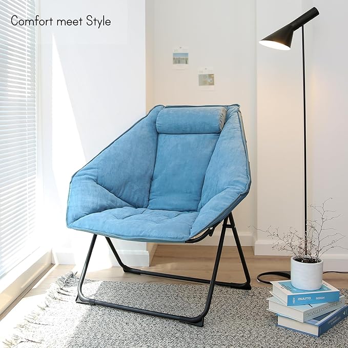 Hexagon Foldable Living Room Chair Saucer Chair for Adults Comfy Bedroom Lounge Chair Moon Chair Lazy Folding Chair for Dorm Rooms(Chair-Blue)
