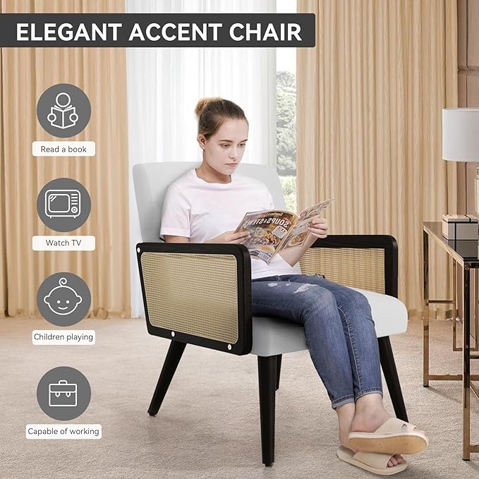 Accent Chair with Rattan Arms Living Room Chairs with Wood Legs Modern Armchair for Bedroom Lounge Chair Indoor for Reading Room Kitchen White